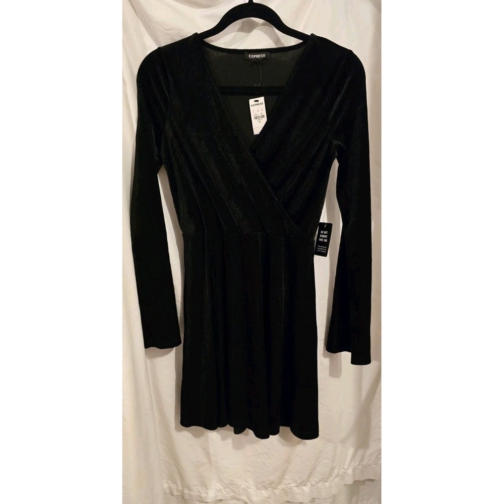 Black Express Long‎ Sleeve Dress XS Mini Short Sheer Ribbed NWT